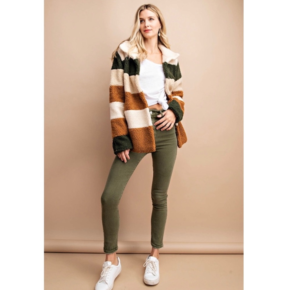 Olive And Orange Striped Teddy Coat/Jacket